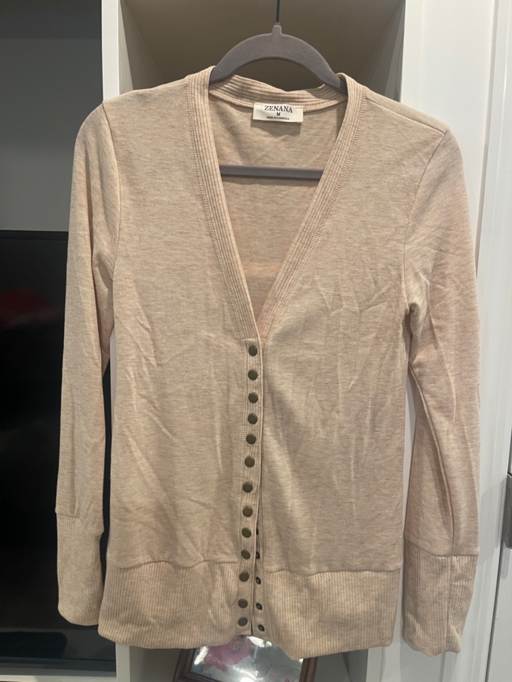 Zenana Outfitters Beige Button-Front V-Neck Women's Cardigan